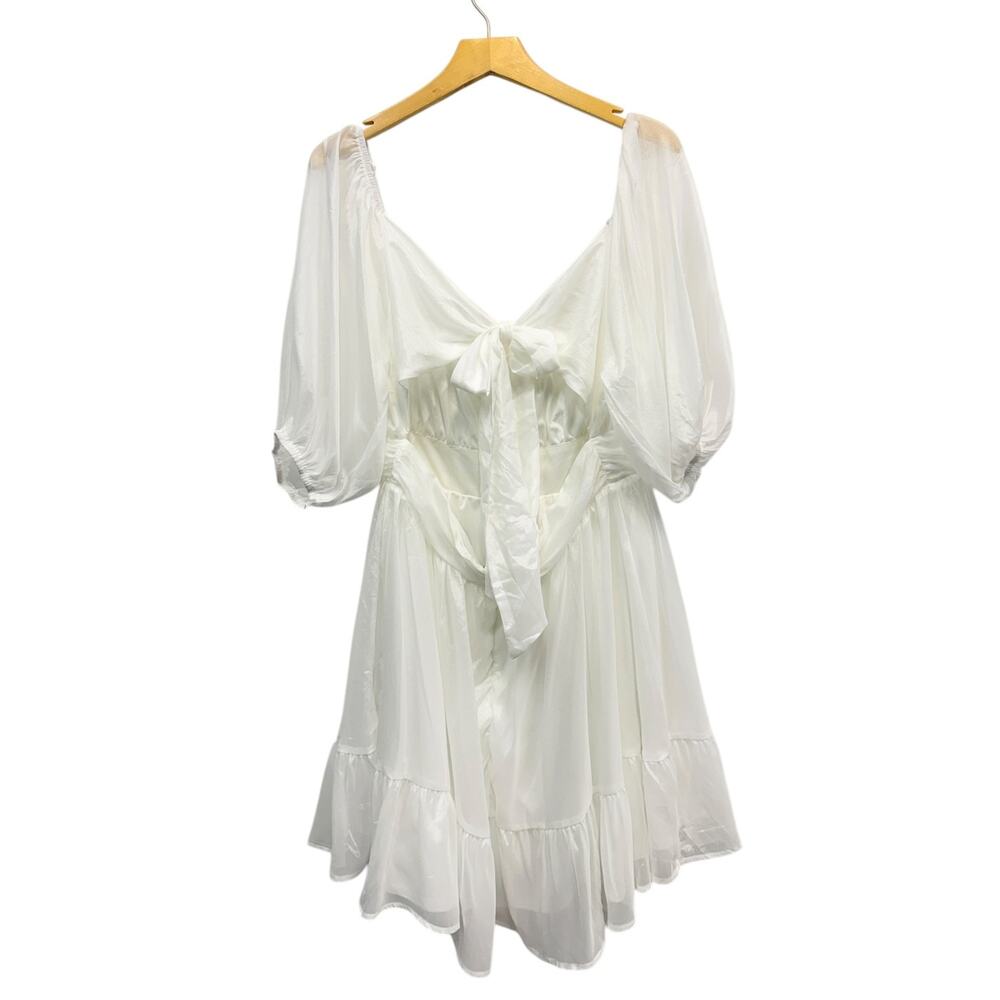 Lulus Ethereal Arrival White Puff Sleeve Tie-Back Chiffon Mini Dress size XL - Picture 6 of 6